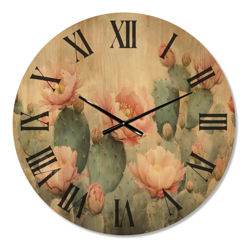 Large Cactus Silent Round Wood Wall Clock – Blush Desert Bloom, Medium
