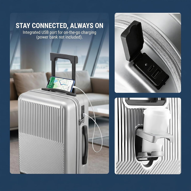 20-Inch Suitcase Carry-on Luggage with Cup Holder & USB Charging Port, Silver