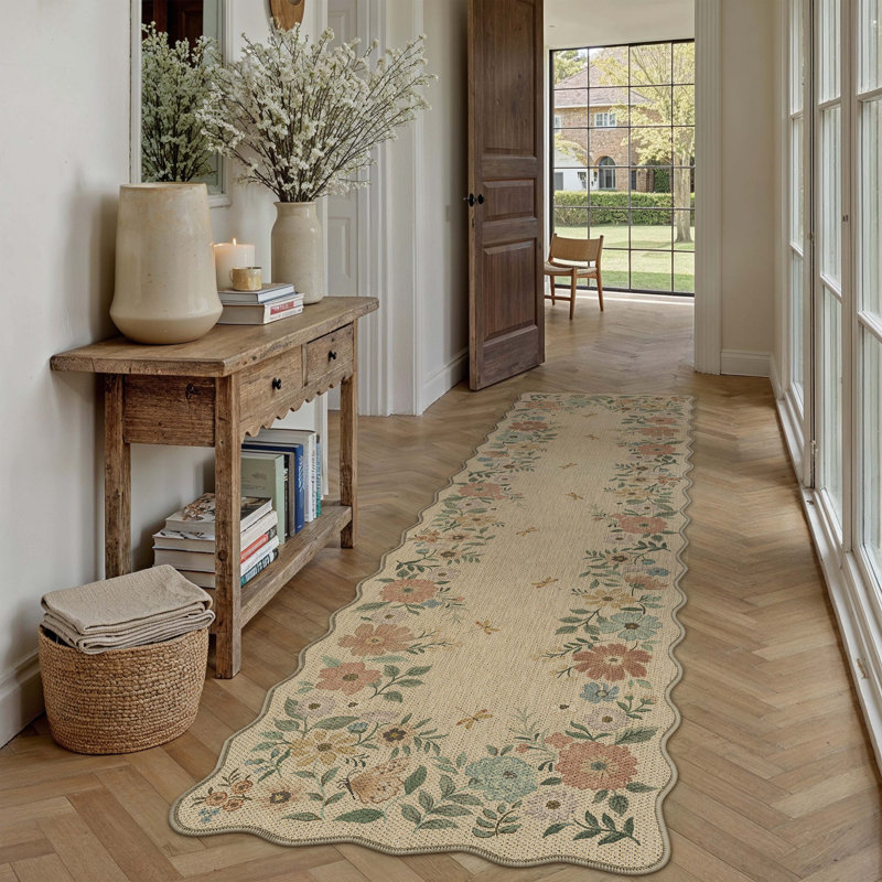 Botanical Floral Faux Linen Machine Washable Area Rug With Non-Slip Backing And Scalloped Edge, Runner 2' x 8'