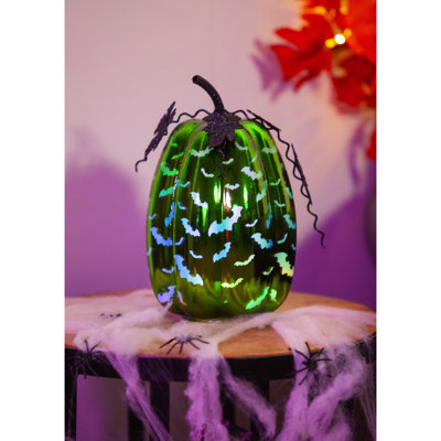 Mercury Glass Lighted Green Pumpkin with Bats