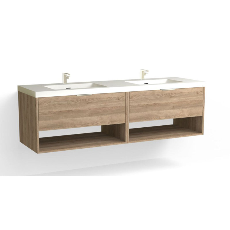 Modo 72" W Wall Mounted Double Bathroom Vanity, Polished Nickel, Matte White/Single, Nocino