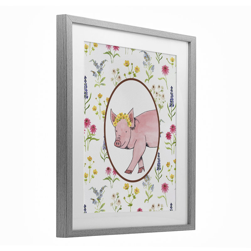 «Farm Friends Pig & Herbs», reproduction sous verre encadrée, design par Nina Jacobs, H 16 po x l 13 po, Cadre de ferme gris