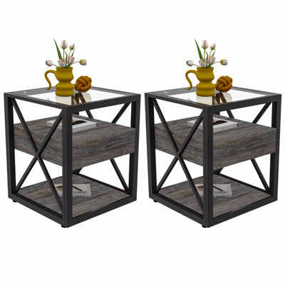 Set Of 2 End Table & Side Table, Modern End Table With Drawer - Nightstand (Bedside Side Table), Rustic Wooden Grain Mdf And Tempered Glass Top, Industrial Style Side Table