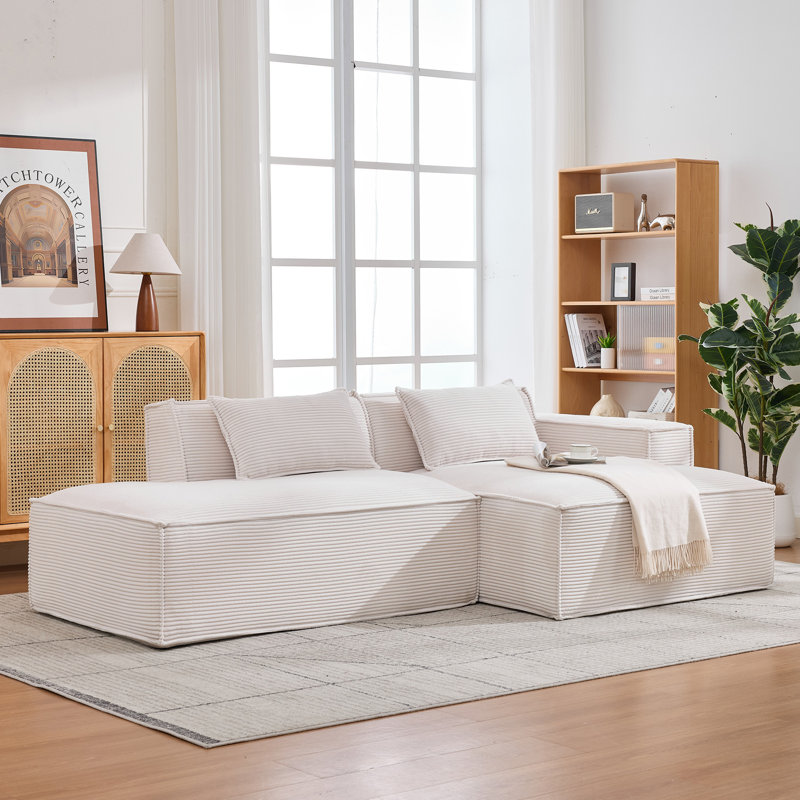 Canapé modulaire en velours côtelé à compression en L 92 po, canapé rembourré doux et désossé moderne avec jeté, aucun assemblage requis pour le salon