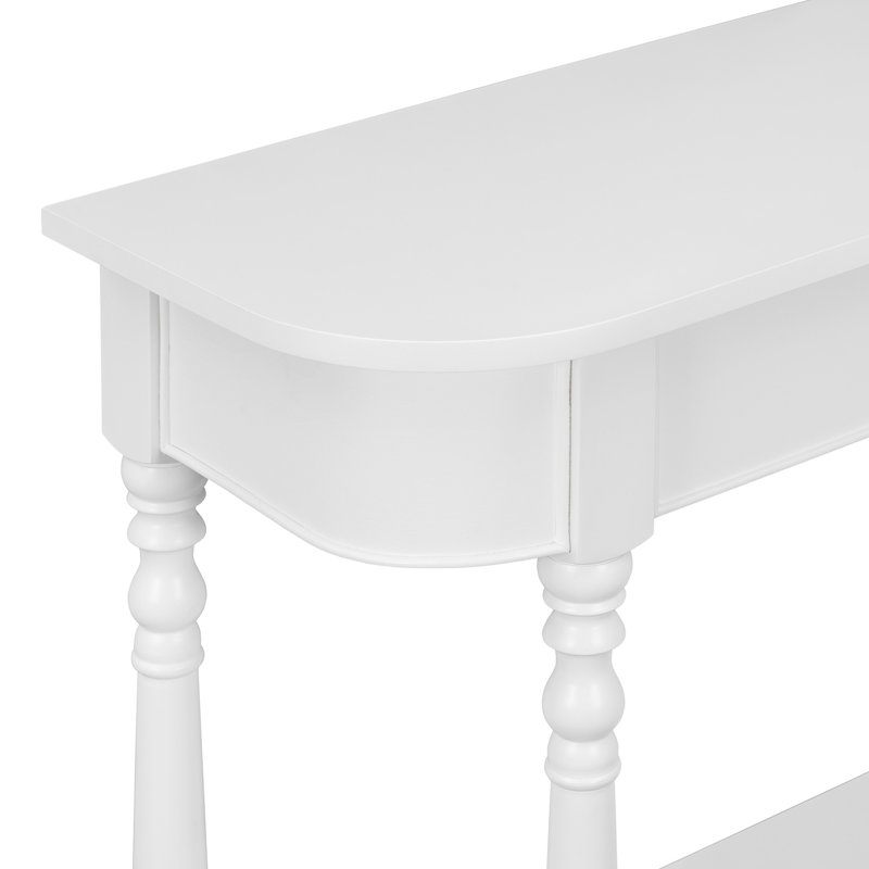 Narrow Console Table With Curved Corner And Top Drawer And Open Shelf, White, White