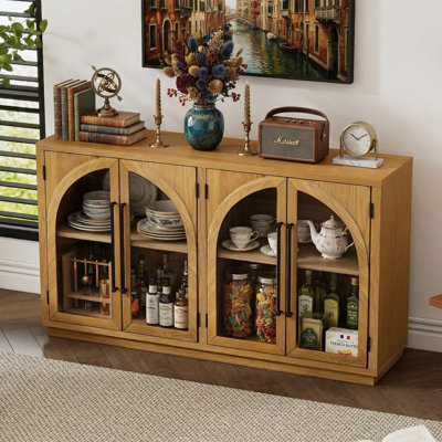 60" Multi-Color Sideboard Buffet Cabinet with Arched Glass Doors, 4-Door Storage Credenza 34" High Kitchen Coffee Bar TV Stand