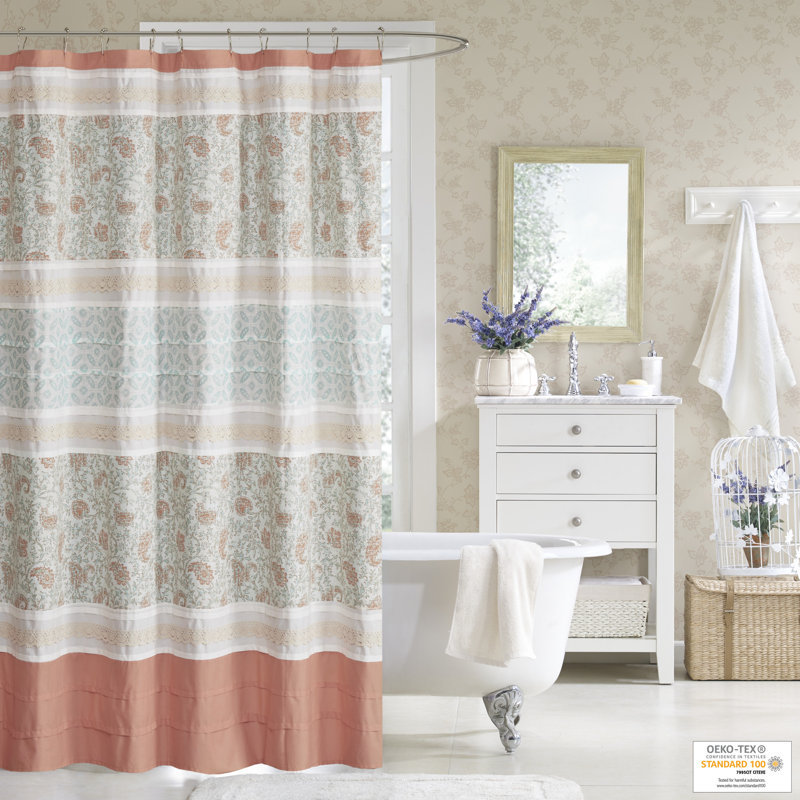 Coral and White Cotton Paisley Shower Curtain