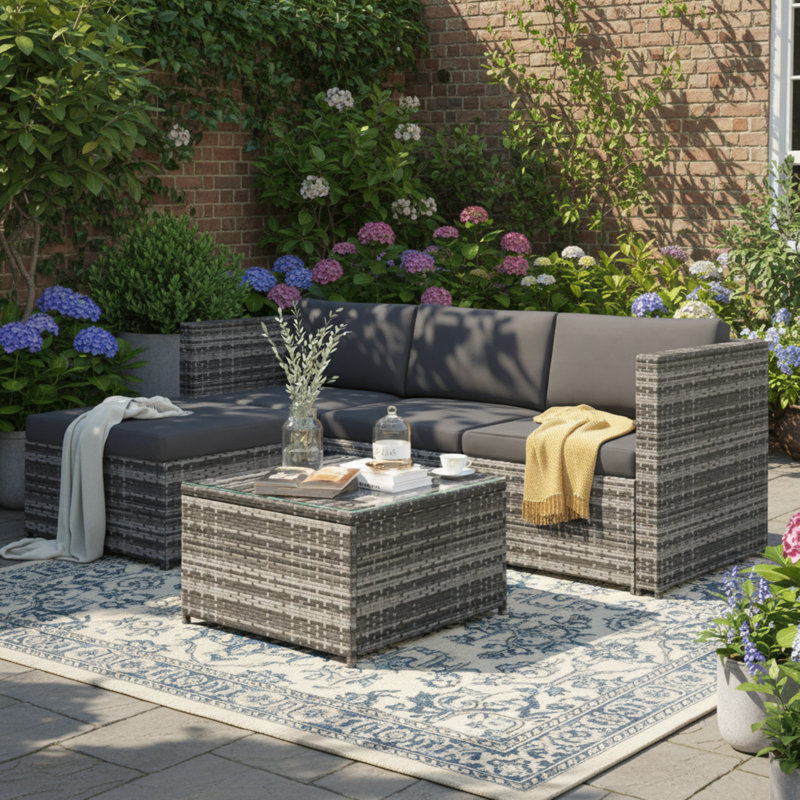 Wicker 4 - Person Garden Lounge Set with Cushions, Grey