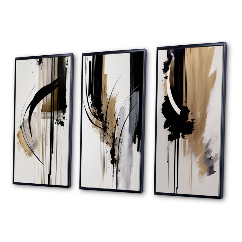Noir, blanc et or Expression I - ensemble d'art abstrait mural de 3, Noir, H 28 po x l 36 po