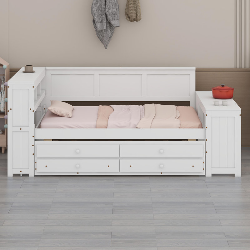 Système de lit de jour polyvalent avec tablettes, tiroirs, bureau et armoire, Blanc