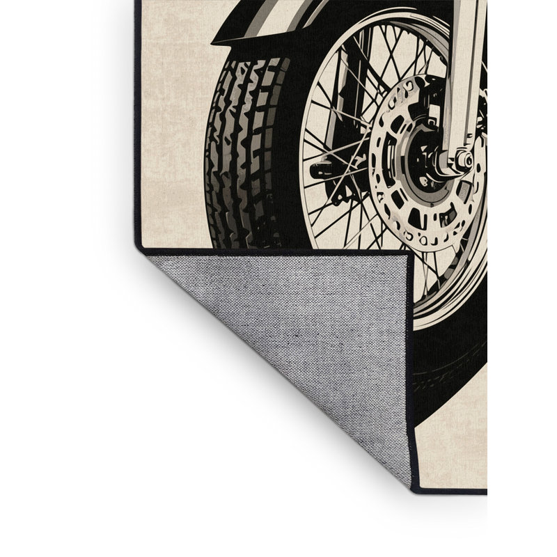 Machine Washable Vehicles And Transportation Vintage Cruiser Motorcycle Retro Geometric Rug in Beige – Black Binding, 6x9