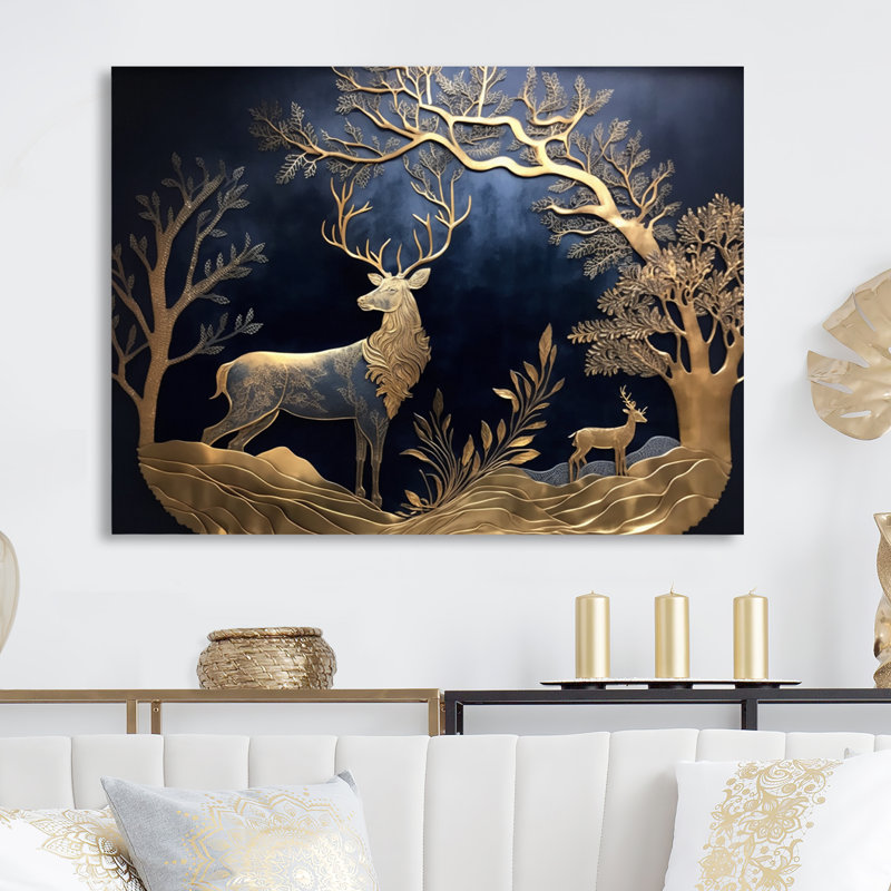 Golden Deer in Forest II - reproduction d'art sur métal sans cadre, H 12 po x l 20 po x P 1 po