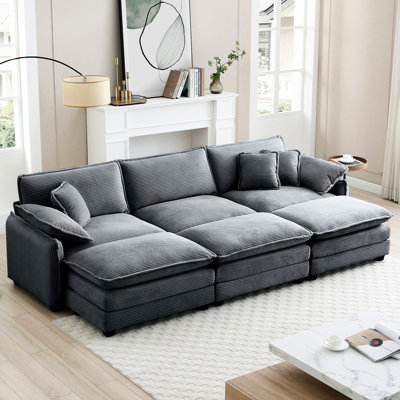 Modulaire à 3 places avec revêtement en velours côtelé gris et fonction de couchette confortable, design rétro moderne, coussins en mousse à mémoire de forme très résistants, idéal pour les repose-pieds dans la chambre à coucher, mélange de style rétro,