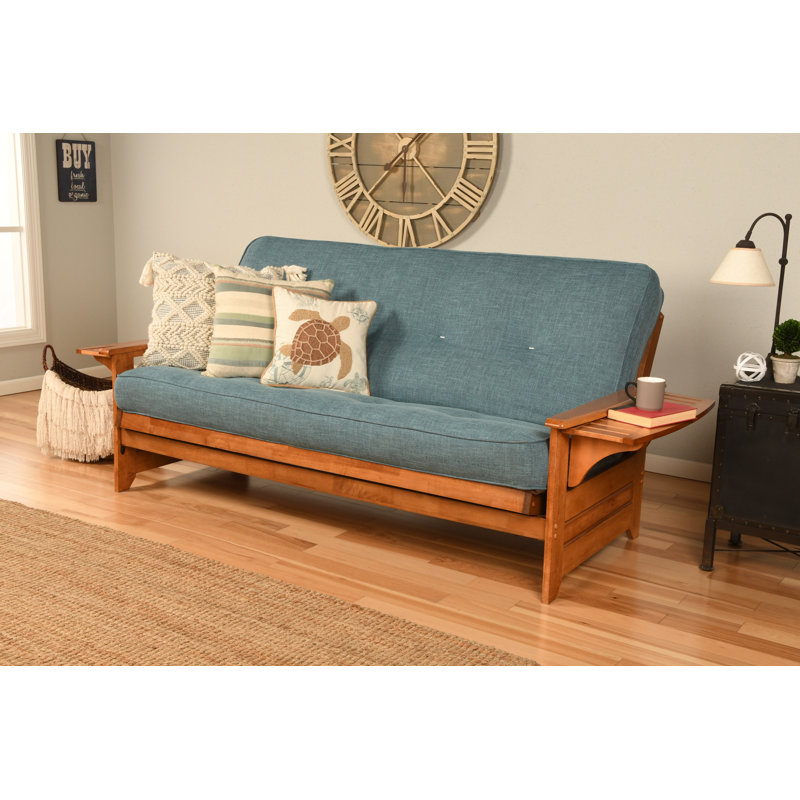 Futon double avec matelas Johnte, Barbade, Lin microsuède turquoise, Premium Pocket Coil