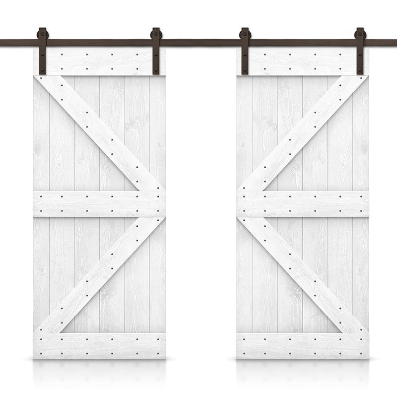 Porte de grange double à panneaux en bois teinté K Series avec ensemble de quincaillerie coulissante, 40 po x 84 po, Blanc