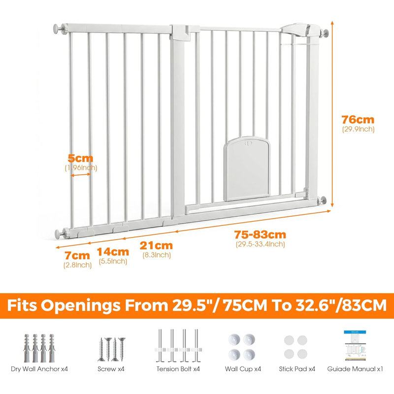 76cm Metal Pet Safety Gate with Cat Door, 75-125 cm Adjustable Dog Gate for Doorways & Stairs, Pressure Mounted, Auto-Close, No Tools Needed, Includes 3 Extension Pieces, White