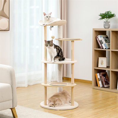 Tour à chat en bois pour chats d'intérieur, maisonnette grimpante à 5 niveaux avec poteaux à griffer en sisal beige