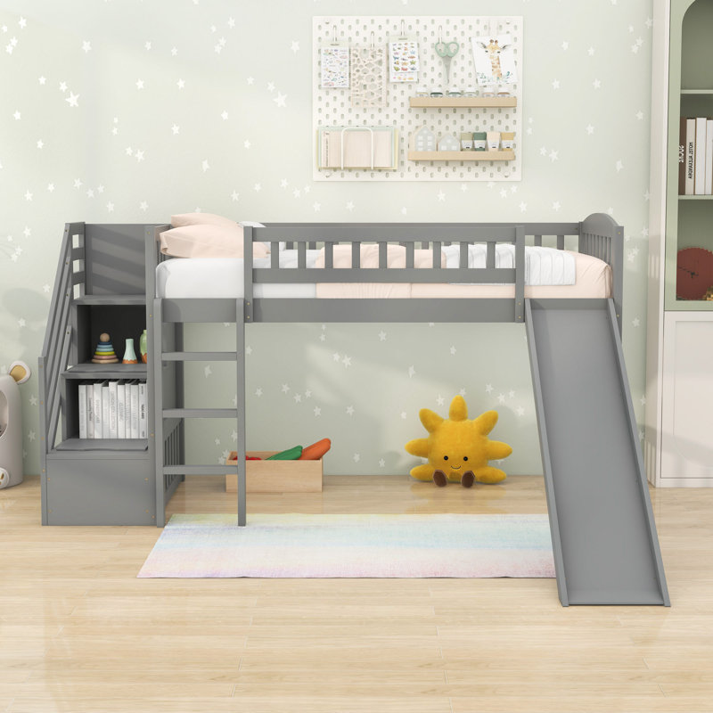 Twin Size Loft Bed With Ladder And Slide, Gray