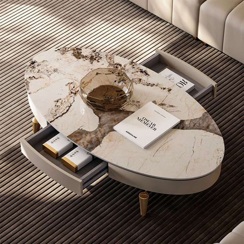 Table basse ovale en bois manufacturé et pierre dorée, Doré