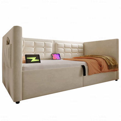 Bed Frame Twin Size Upholstered Daybed, Hydraulic Storage Twin With Usb & Type-C Charging, With Wooden Slats And Tufted Sofa Back