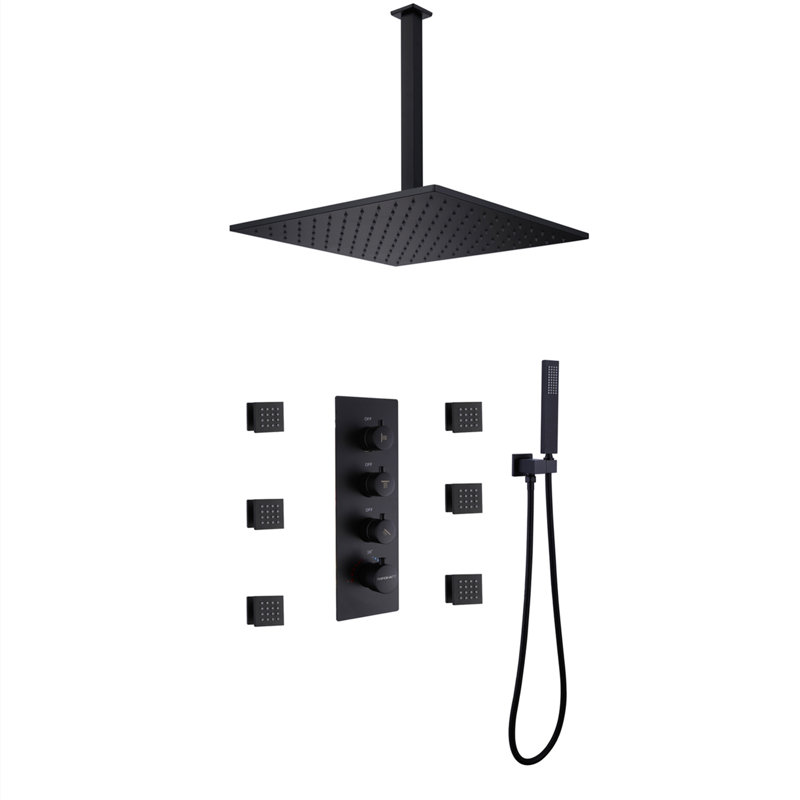 Luxury Ceiling Mounted Thermostatic Shower System With Hand Shower And Body Jets, Matte Black