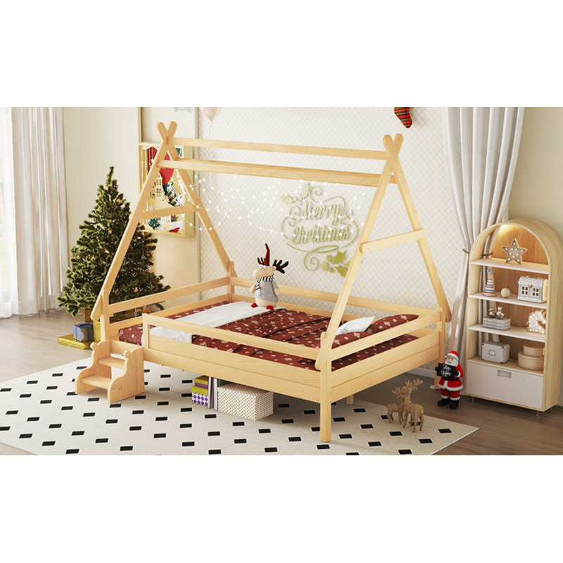 Lit plateforme House avec escalier, structure de lit en bois massif, profil bas et conception amusante pour enfants, Naturel