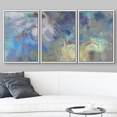«Bleu sarcelle et jaune», 3 pièces sur toile