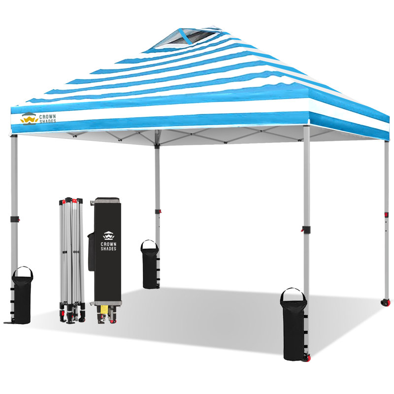 10 Ft. W x 10 Ft. D Metal Pop Up Canopy Tent with One Push Setup, Cyan Blue Stripes