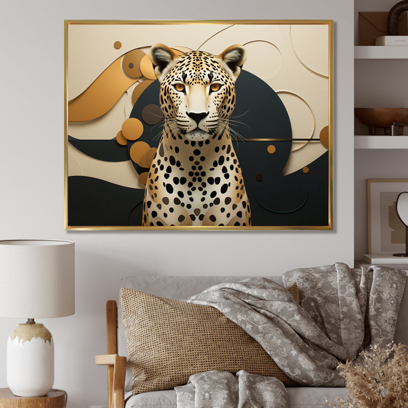 Léopard élégant géométrique - art mural léopard, Cadre flottant doré, H 16 po x l 32 po x P 1 po