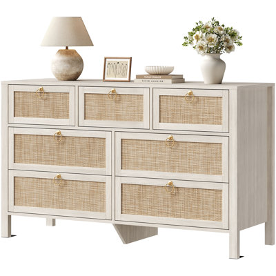 Pomodoro 51" W Rattan 7-Drawer Dresser With Golden Handles, Coastal Boho Bedroom Storage Chest