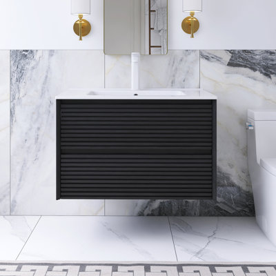 30 po W Meuble-lavabo mural simple en chêne foncé avec lavabo blanc