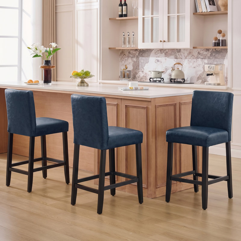 Tabouret de bar et de comptoir rembourré avec structure en bois massif, ensemble de 3, Bleu, 3
