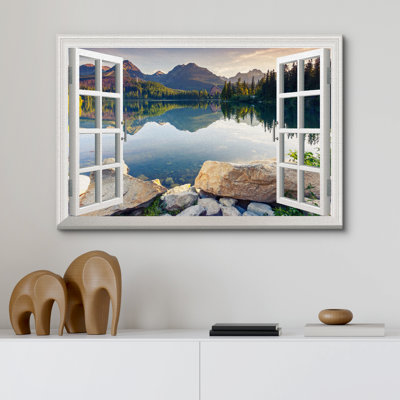 Fenêtre, paysage, lac paisible, paysage naturel, photographie, impression sur toile