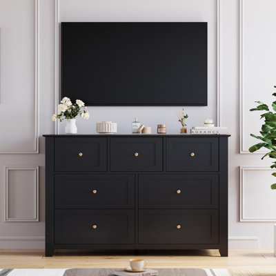 7 Drawer Dresser with Metal Knobs, 53.9" Wide Wooden Double Storage Chest for Bedroom Entryway