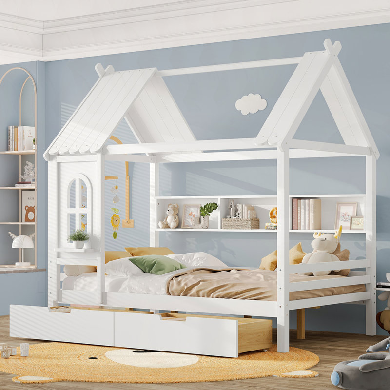 Lits de maison avec tiroirs de rangement et fenêtre, Complète, Blanc