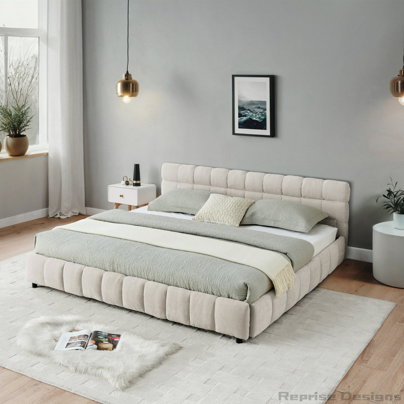 Chenille Upholstered Platform Bed Frame With drawer, Beige