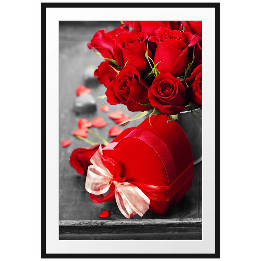 Gerahmtes Poster Valentinstag Rosen & Herz