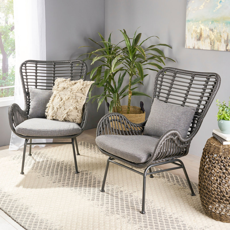 Ensemble de 2 chaises de patio en osier avec coussins Tapscott, Gris, Gris