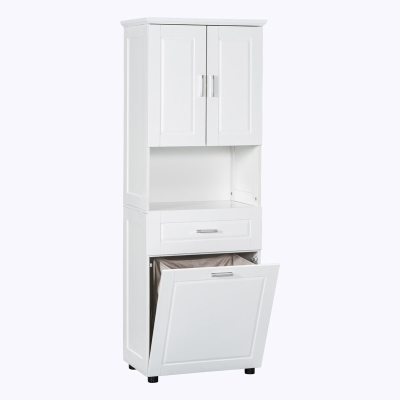 Grande armoire de salle de bain avec panier à linge, grand panier à linge inclinable et armoire de rangement supérieure