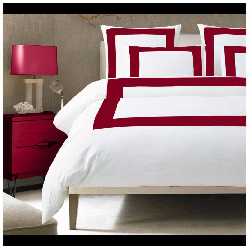 400TC Cotton Sateen Border Frame Duvet Cover Set, White/Burgundy, King Duvet Cover