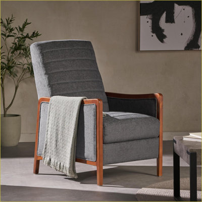 Recliner, Mid-Century Modern Pushback with Birch Wood Frame &amp; Channel Stitch Fabric | Sand | Fabric