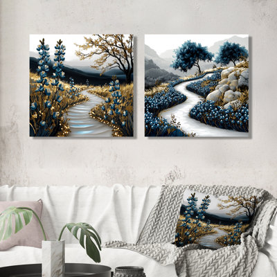 Blue Bonnet Mountain Trail I - Blue Bonnets Wall Art - Ensemble de 2 décorations murales traditionnelles