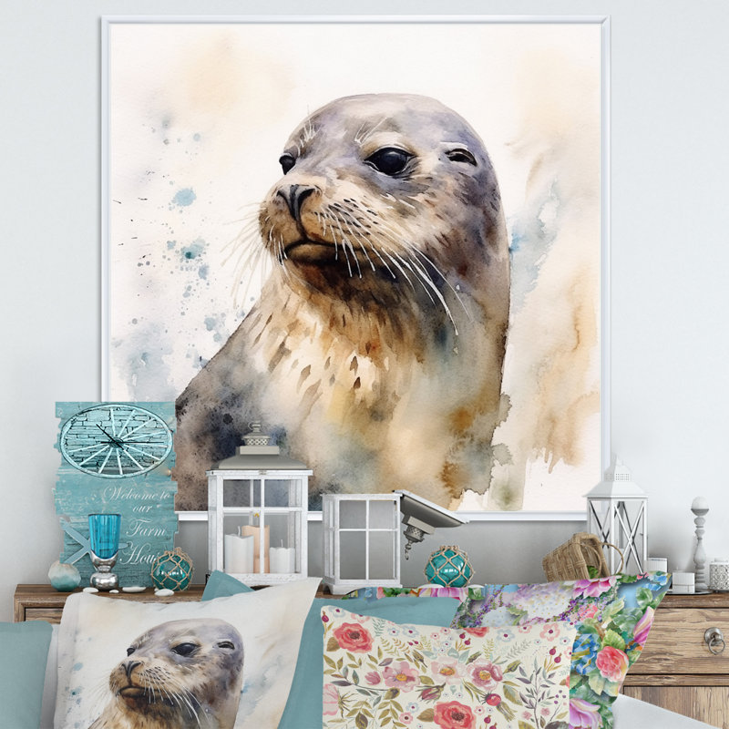 Curieux otarie II sur toile, H 16 po x l 16 po x P 1 po, Cadre flottant blanc
