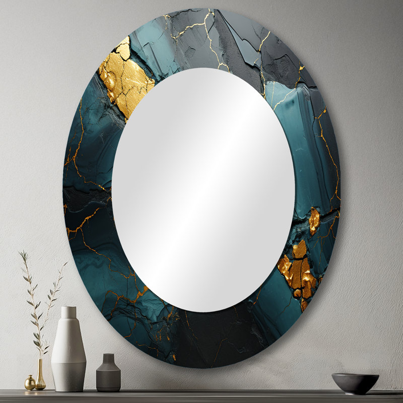 Miroir mural ovale en marbre doré et vert abstrait Aura VII, 43 po x 33 po