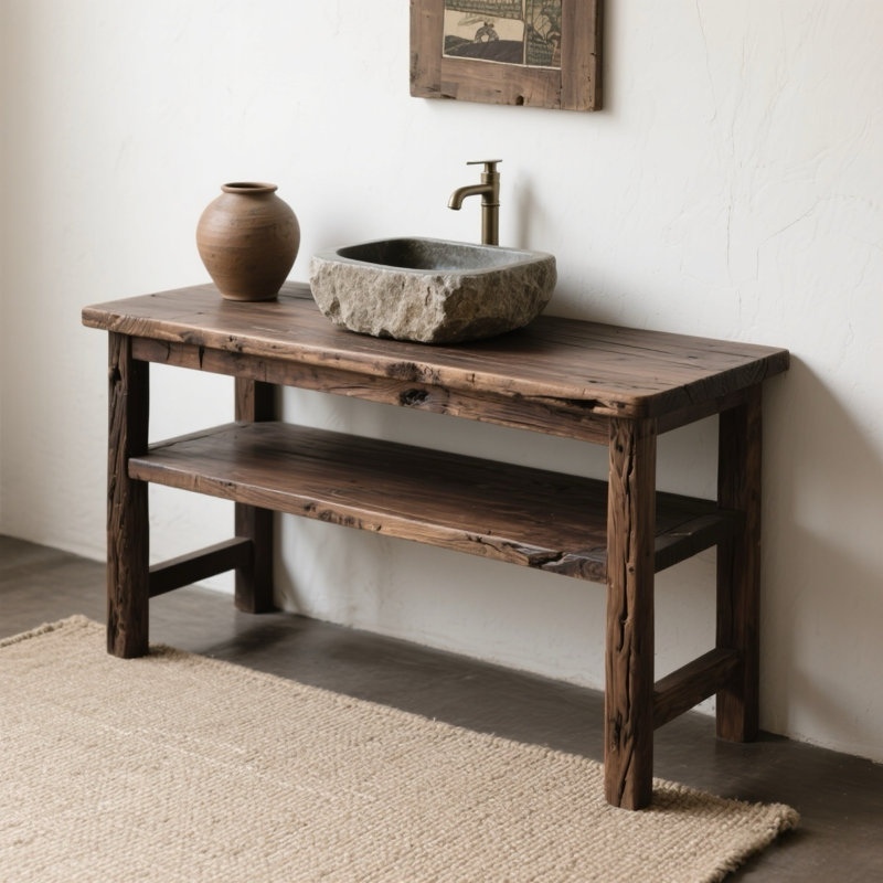 Meuble-lavabo de style rétro avec cadre et planches en bois massif, armoire de rangement blanche de 30 po avec portes
