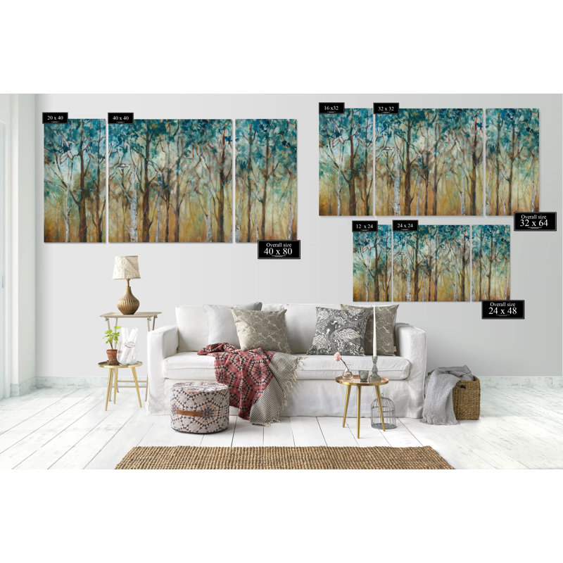 Sunlit Birch Grove - 3 pièces, reproduction d'art sur toile tendue, H 32 po x l 64 po x P 1,5 po