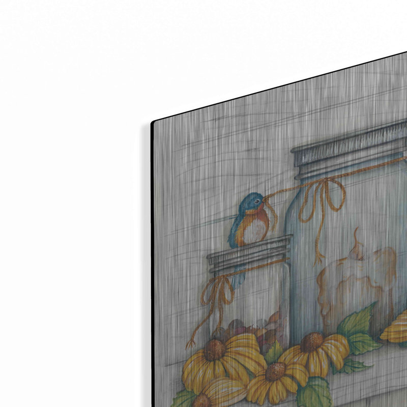 «Blue Bird and Coneflowers» par Mary Ann June, art mural en métal, H 16 po x l 12 po