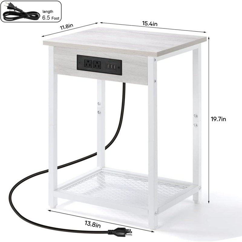 Wellfleet End Table and Built-In Outlets, White, White