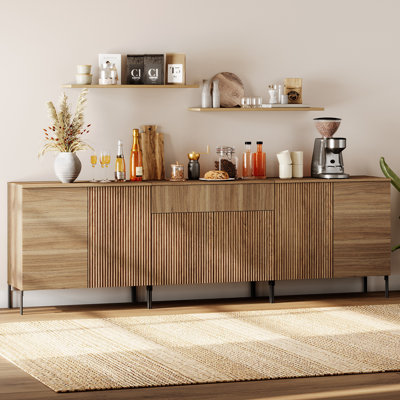 Aadham 94.5" Modern Reeded 6-Door Sideboard With Drawers, 3-In-1 Wooden Credenza Storage Cabinet For Kitchen, Dining Room
