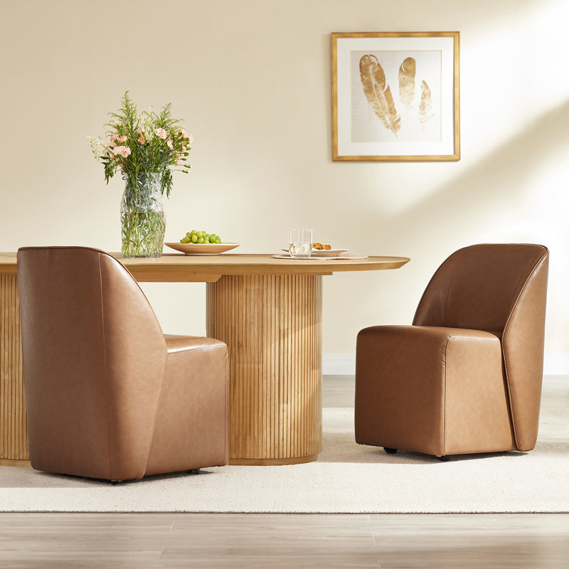 Fully Upholstered Dining Chair with Casters, Saddle Brown